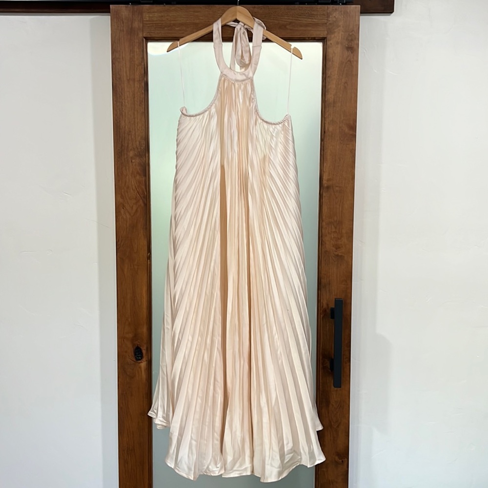 Kacey Formal Halter Pleated Long Dress, cream or champagne color size large